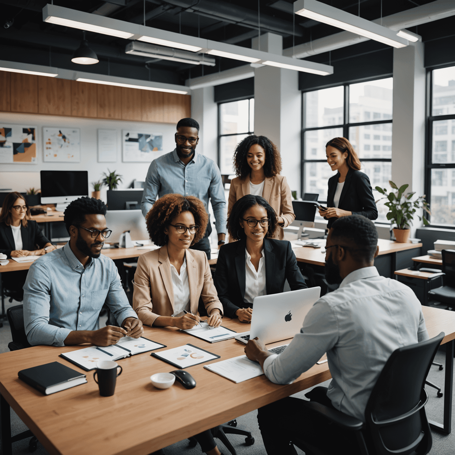 Team of diverse professionals collaborating in a modern office setting, showcasing Affinity's commitment to finding top talent