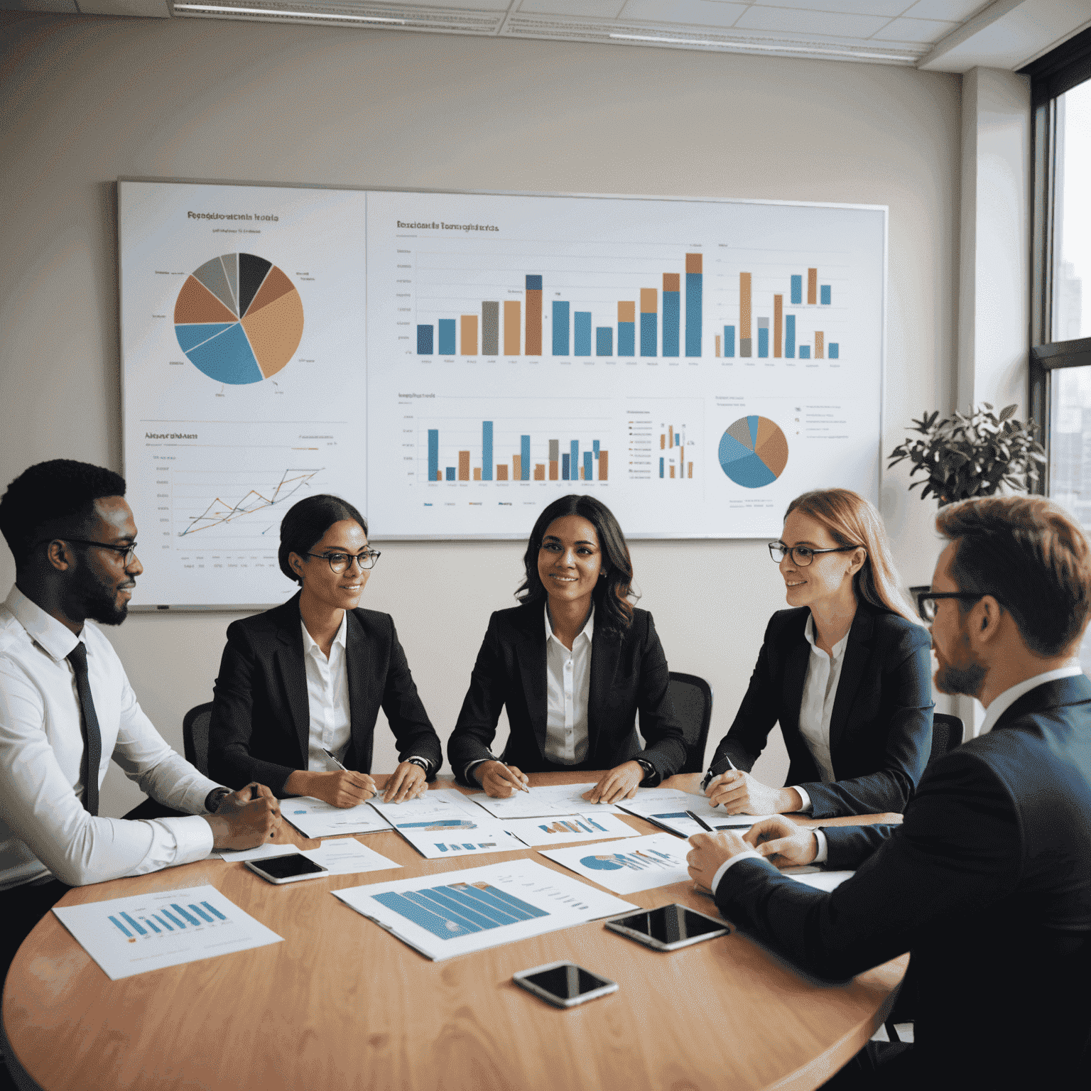 A diverse group of recruitment professionals discussing hiring strategies around a modern office table, with charts and graphs displayed on screens in the background