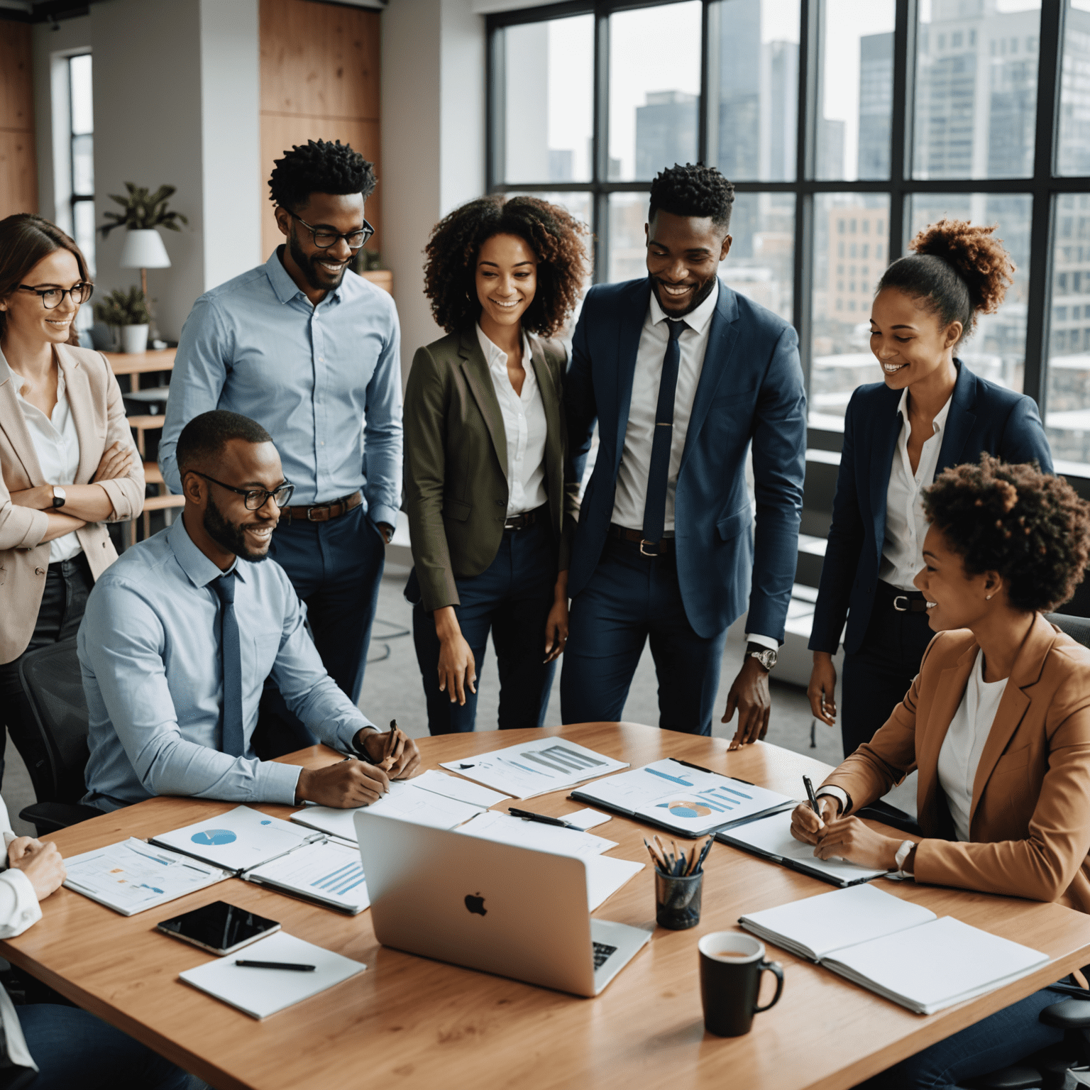 A diverse group of professionals collaborating in a modern office setting, showcasing teamwork and talent acquisition success