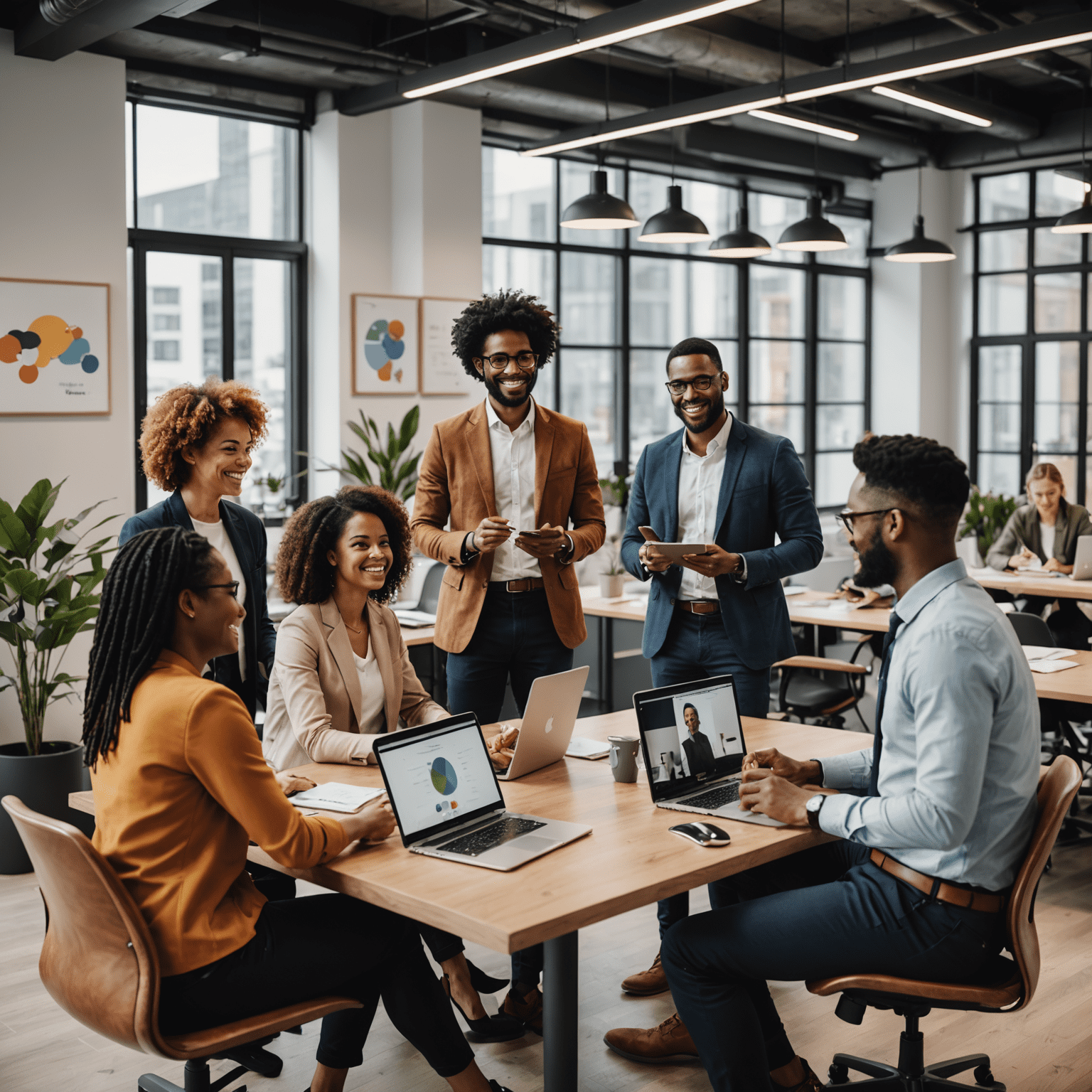 A diverse group of happy employees collaborating in a modern office space, showcasing a positive company culture