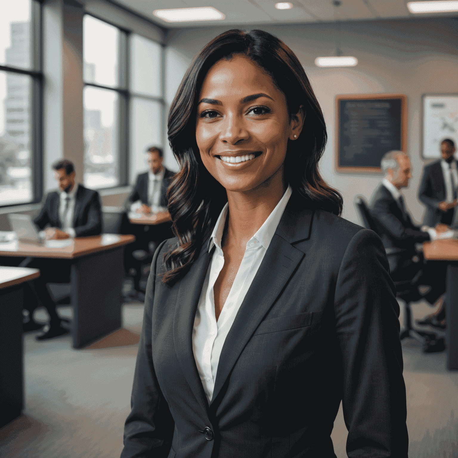 A smiling professional woman in a business suit standing confidently in a corporate environment, representing a successful career transition facilitated by Affinity