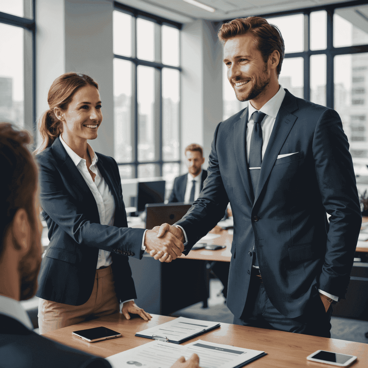 A professional executive in a suit shaking hands with a recruiter, representing the executive search process