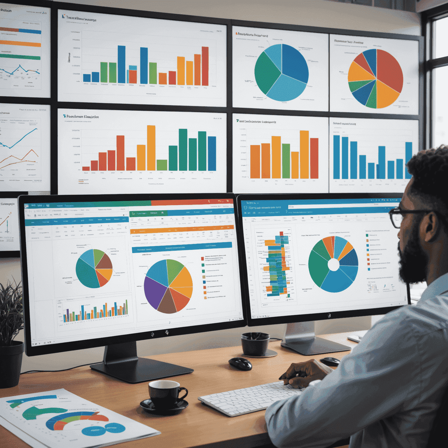 A split-screen image showing on one side a person analyzing colorful charts and graphs on a large monitor, and on the other side a diverse group of candidates participating in various assessment activities.