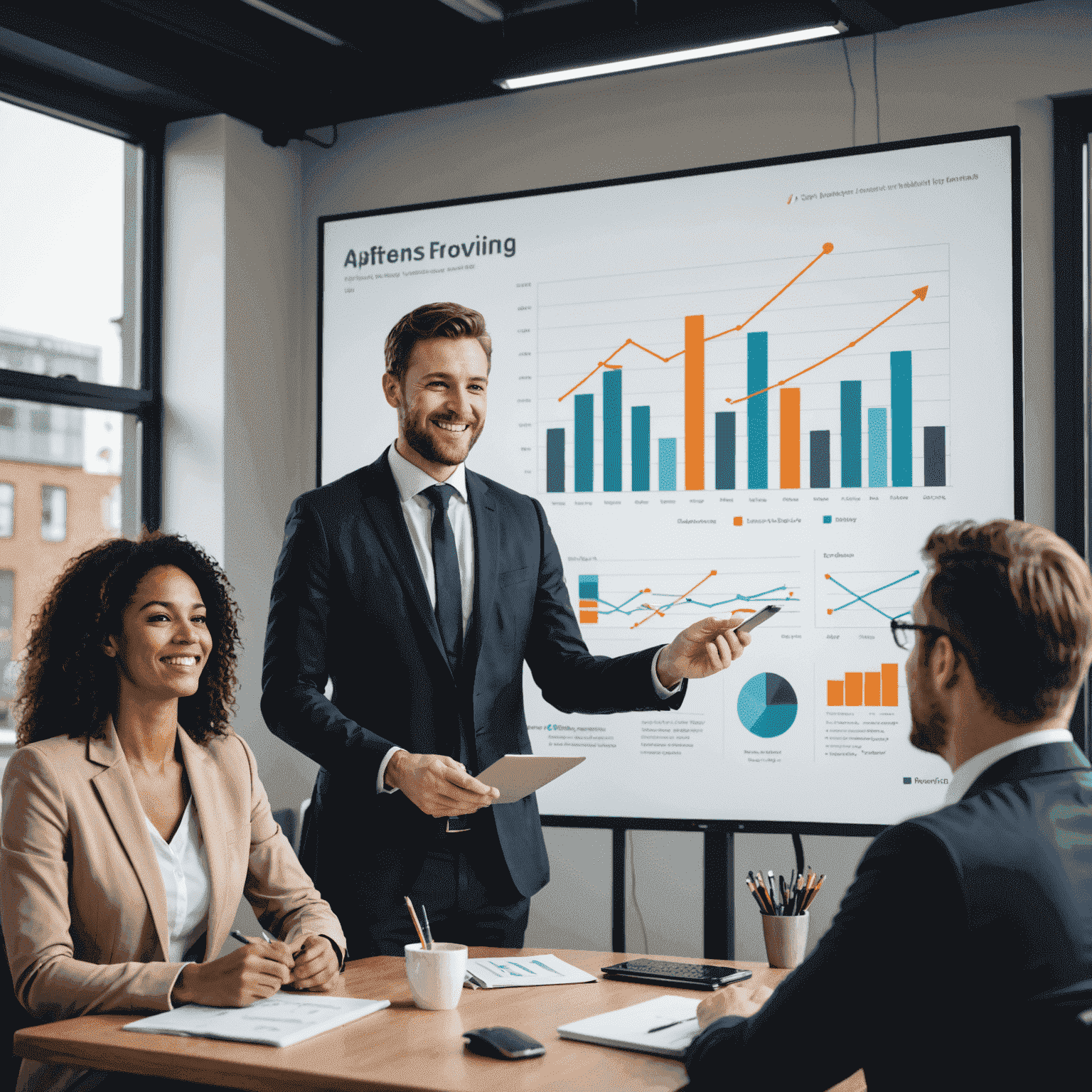 A graph showing significant business growth, with happy executives in the background, illustrating the impact of Affinity's recruitment services