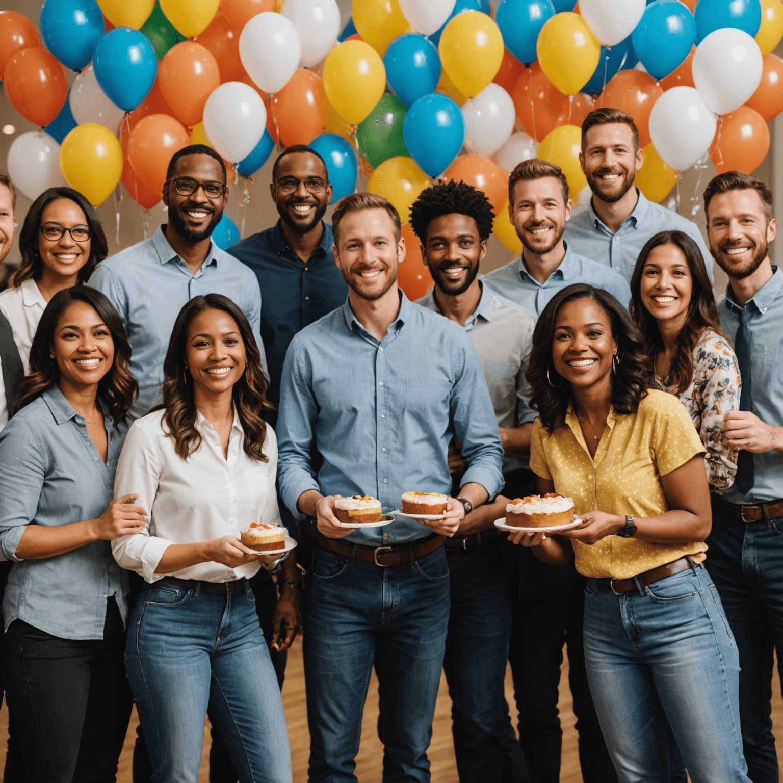 A diverse group of employees celebrating a company milestone, showcasing the successful team building facilitated by Affinity